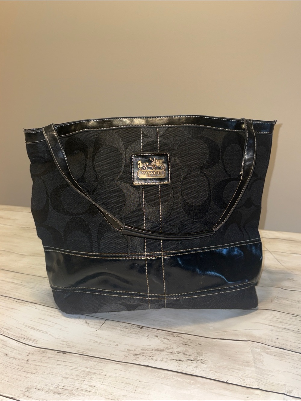 Coach Black Signature Jacquard Tote with Patent Trim
